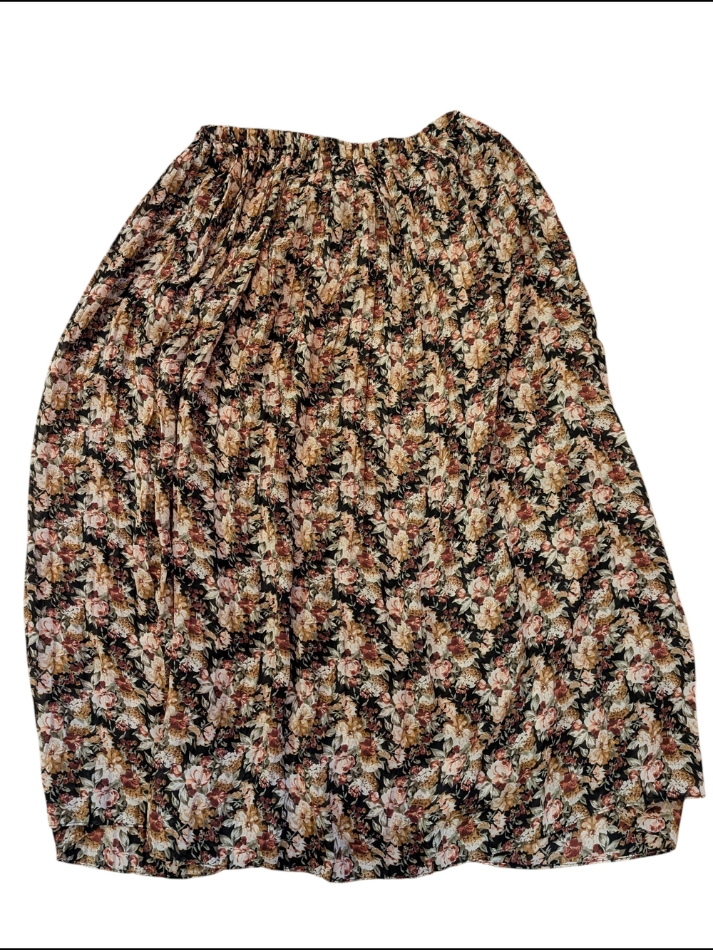Vintage Floral Elastic-Waist Midi Skirt - Black Floral